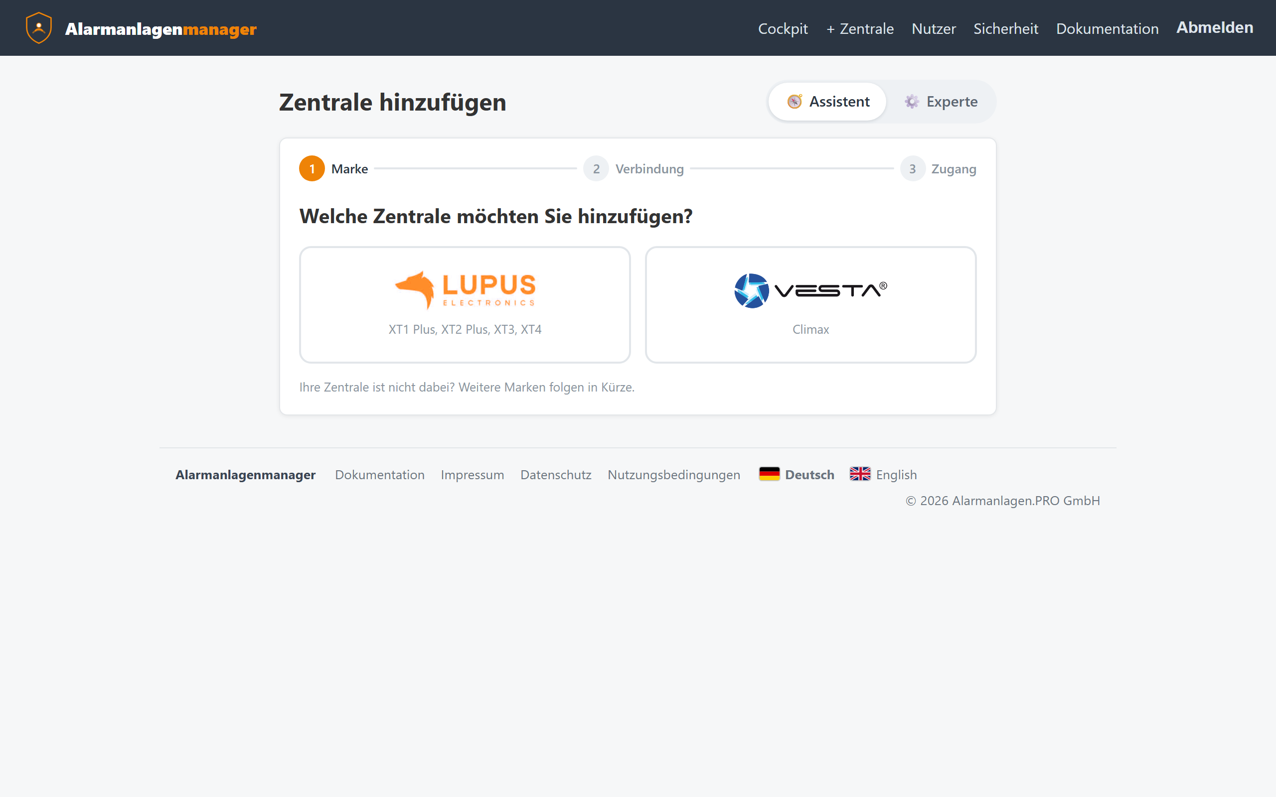 Zentrale hinzufügen – Markenauswahl